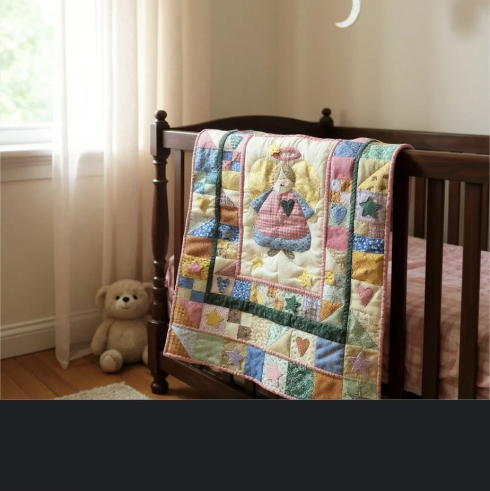 Country Nursery Sweet puffy Patchwork Angel/Hearts/Stars Crib Quilt Multicolor